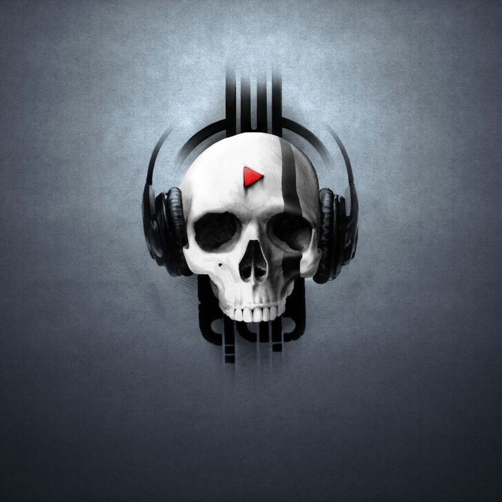 Череп в наушниках, серый фон