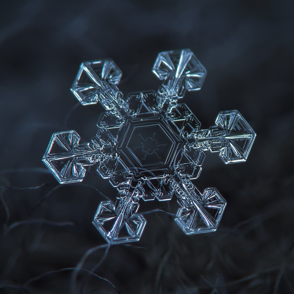 Снежинка под увеличением на черном фоне