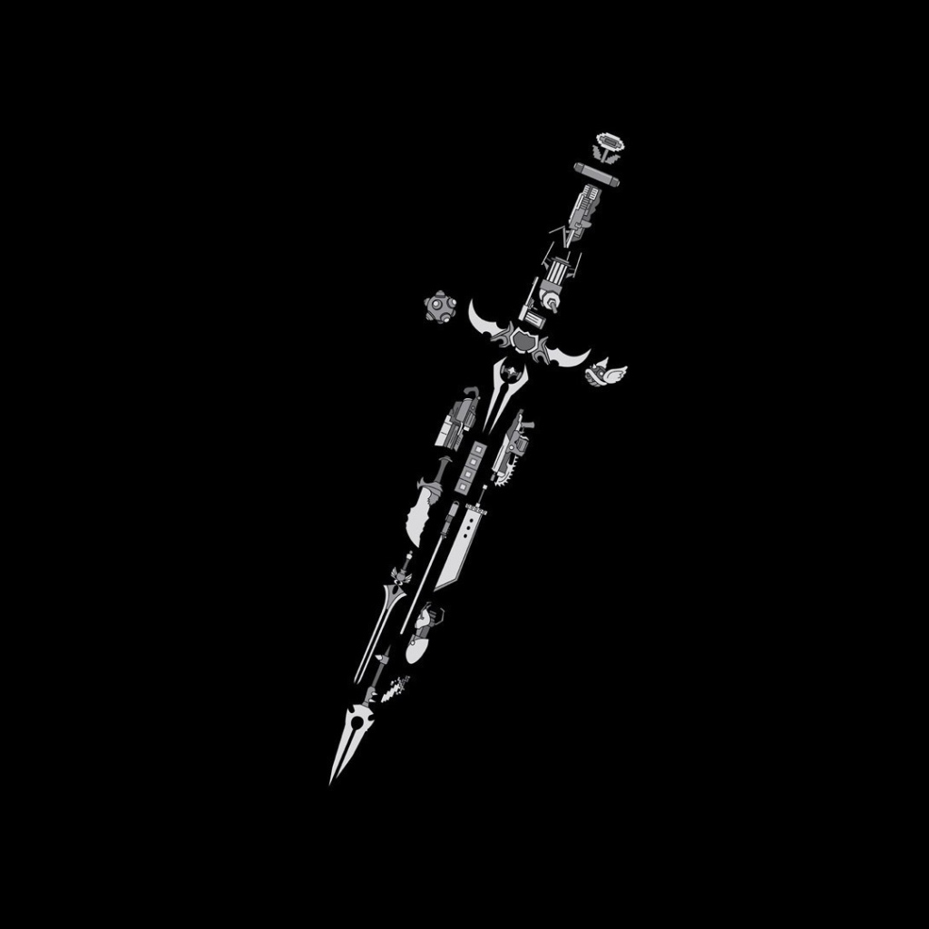 Меч из элементов разных игр, черный фон