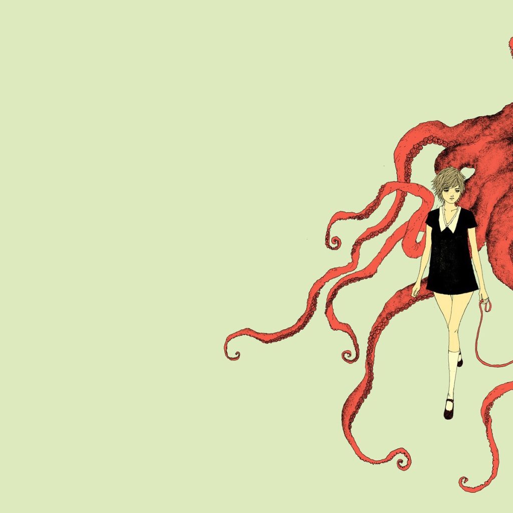 Девушка и красный осьминог, светлый фон