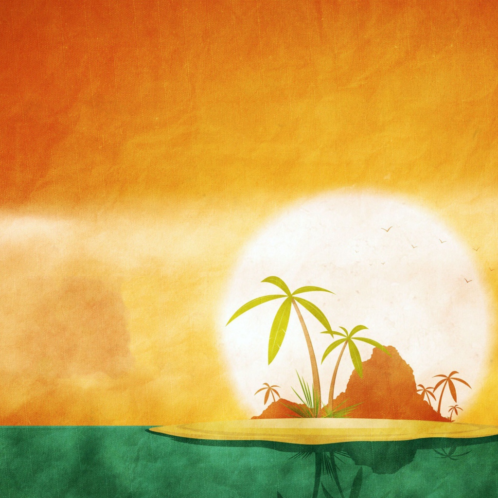 Тропический остров, оранжево зеленый фон
