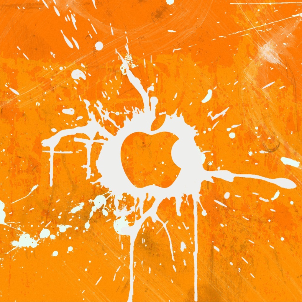 Логотип Apple Inc, всплески на оранжевом фоне