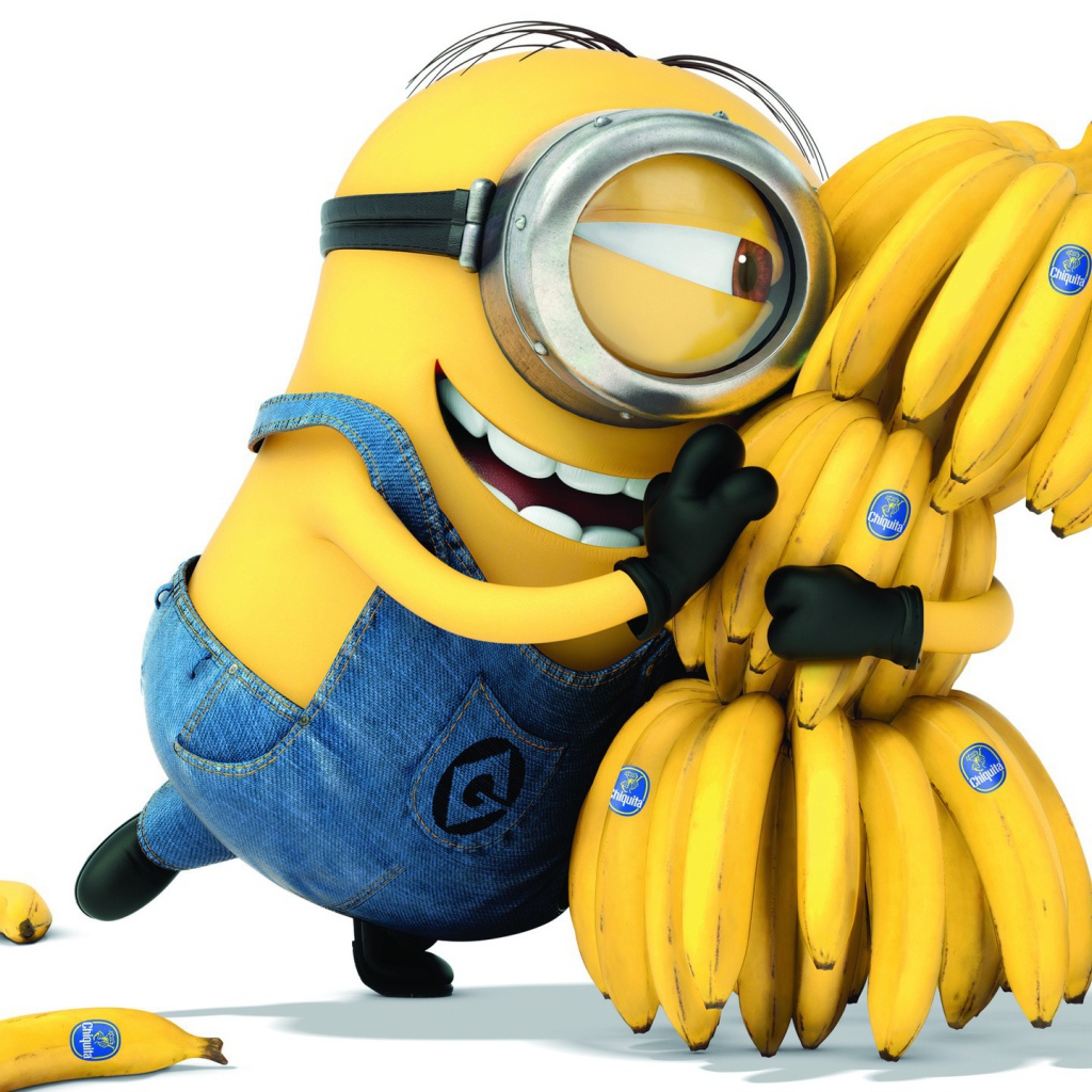 Миньон обнимается с бананами