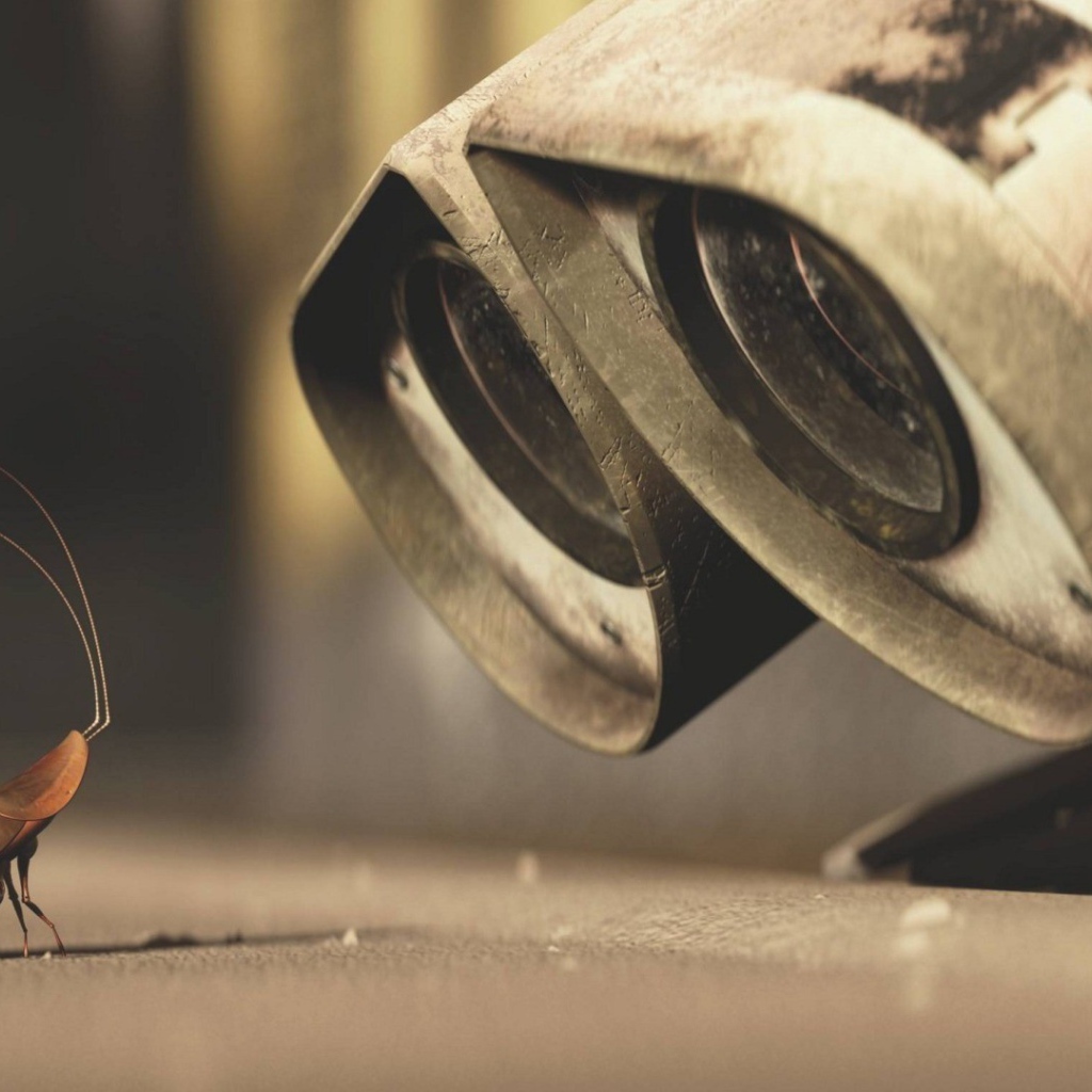 Робот смотрит на таракана, мультфильм