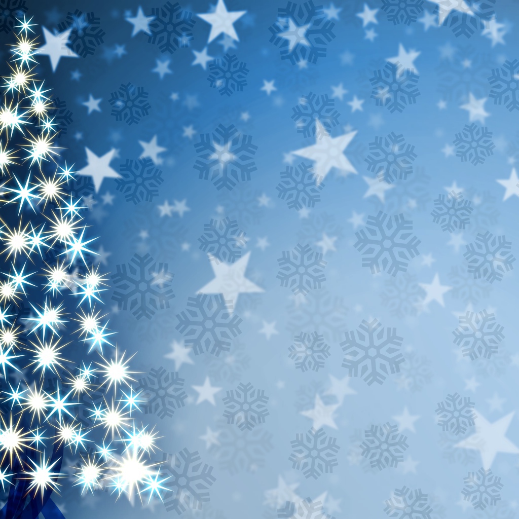 Елка на фоне звезд и снежинок