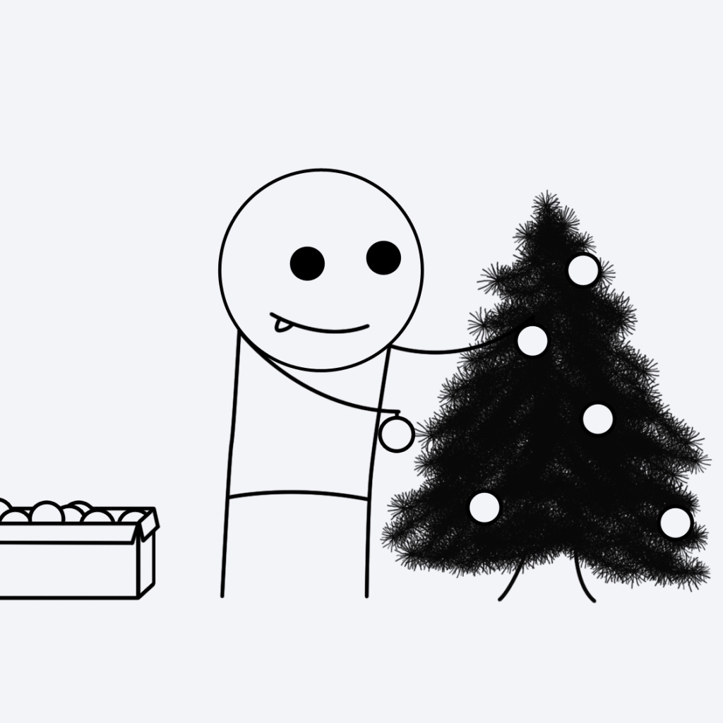 Нарисованный человек украшает елку