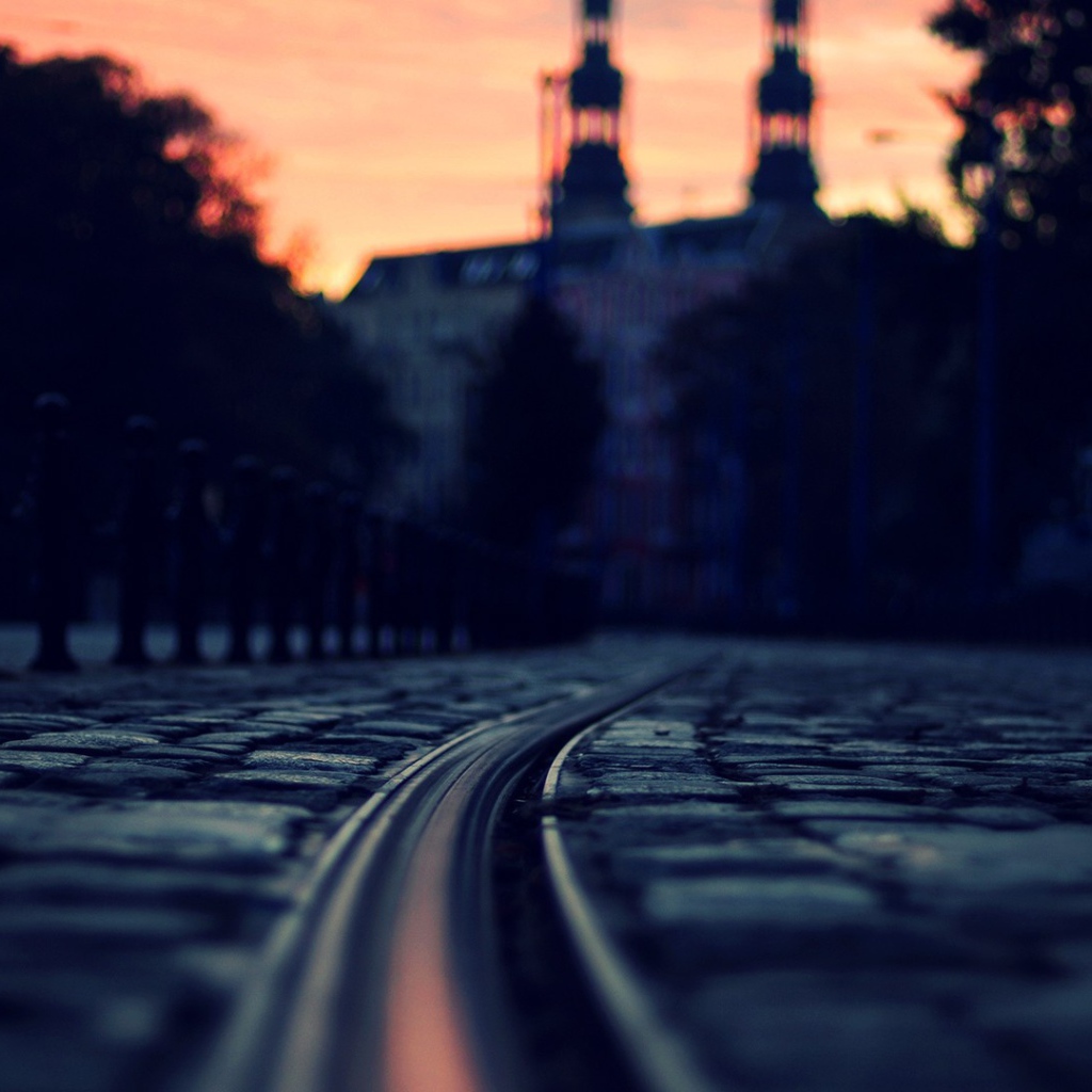 Рельсы для трамвая среди брусчатки