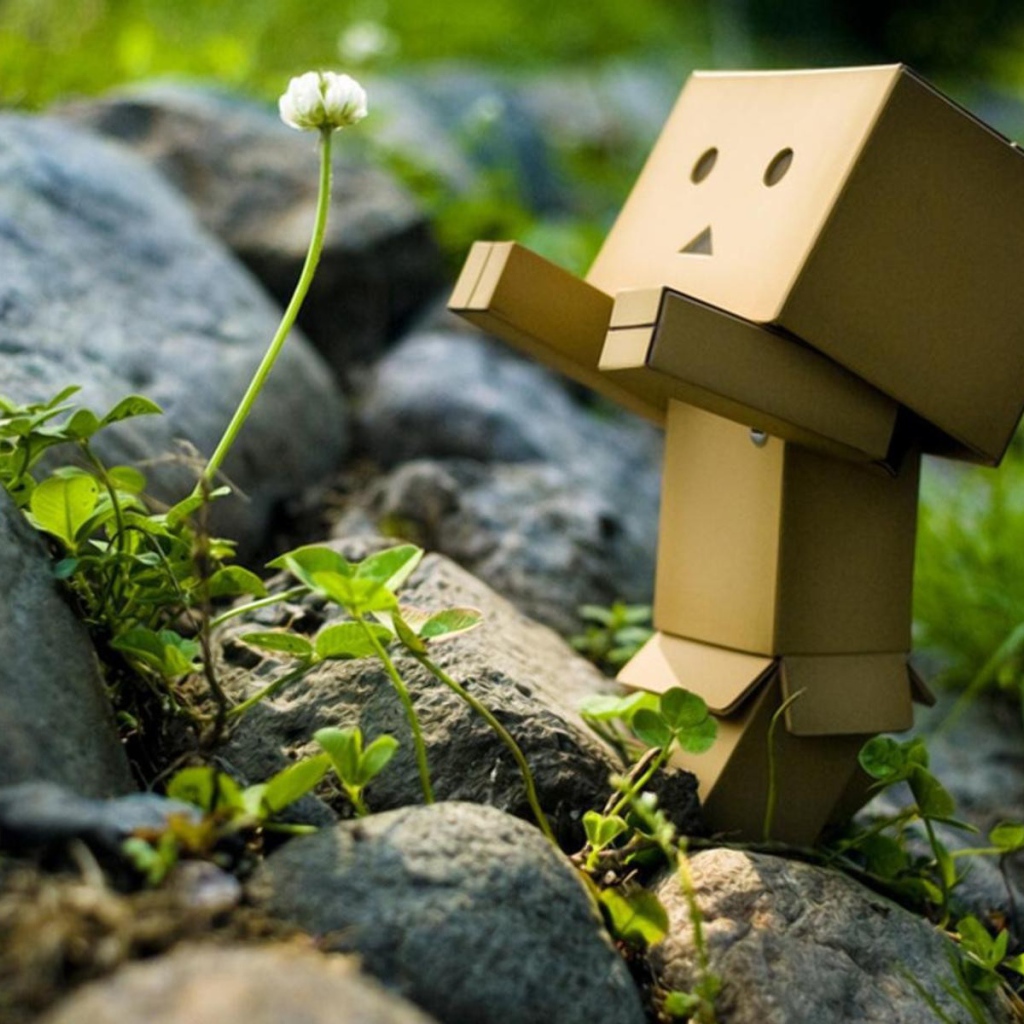 Картонный человечек радуется цветку