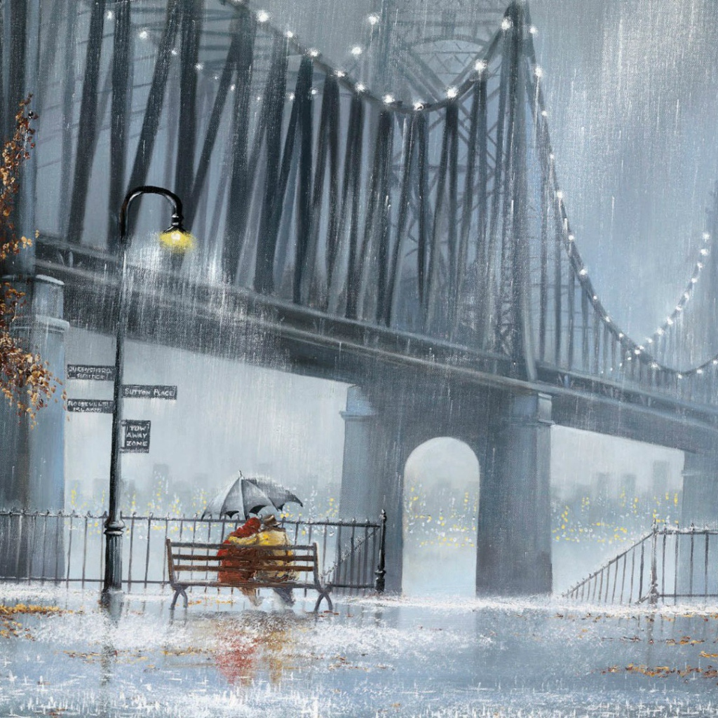 Влюбленные у моста под дождем