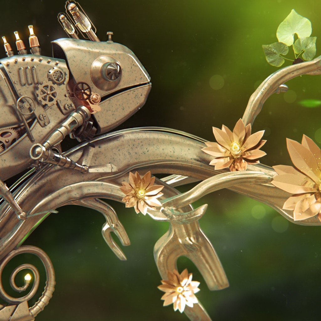 Металлический хамелеон на железной ветке