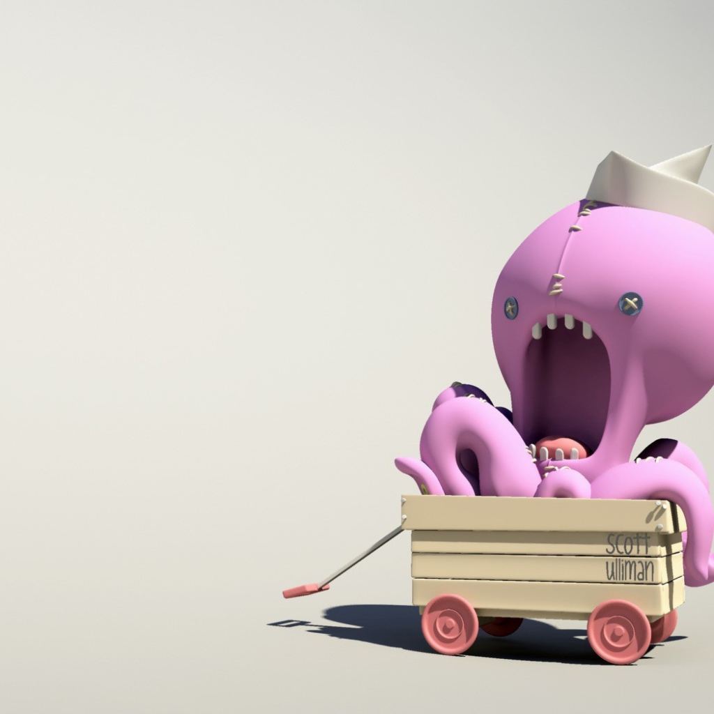 Розовый осьминог на тележке