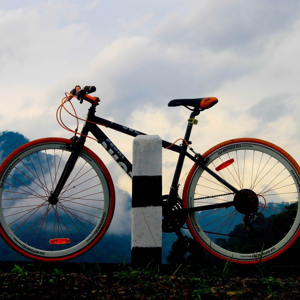 Спортивный велосипед у дорожного столбика