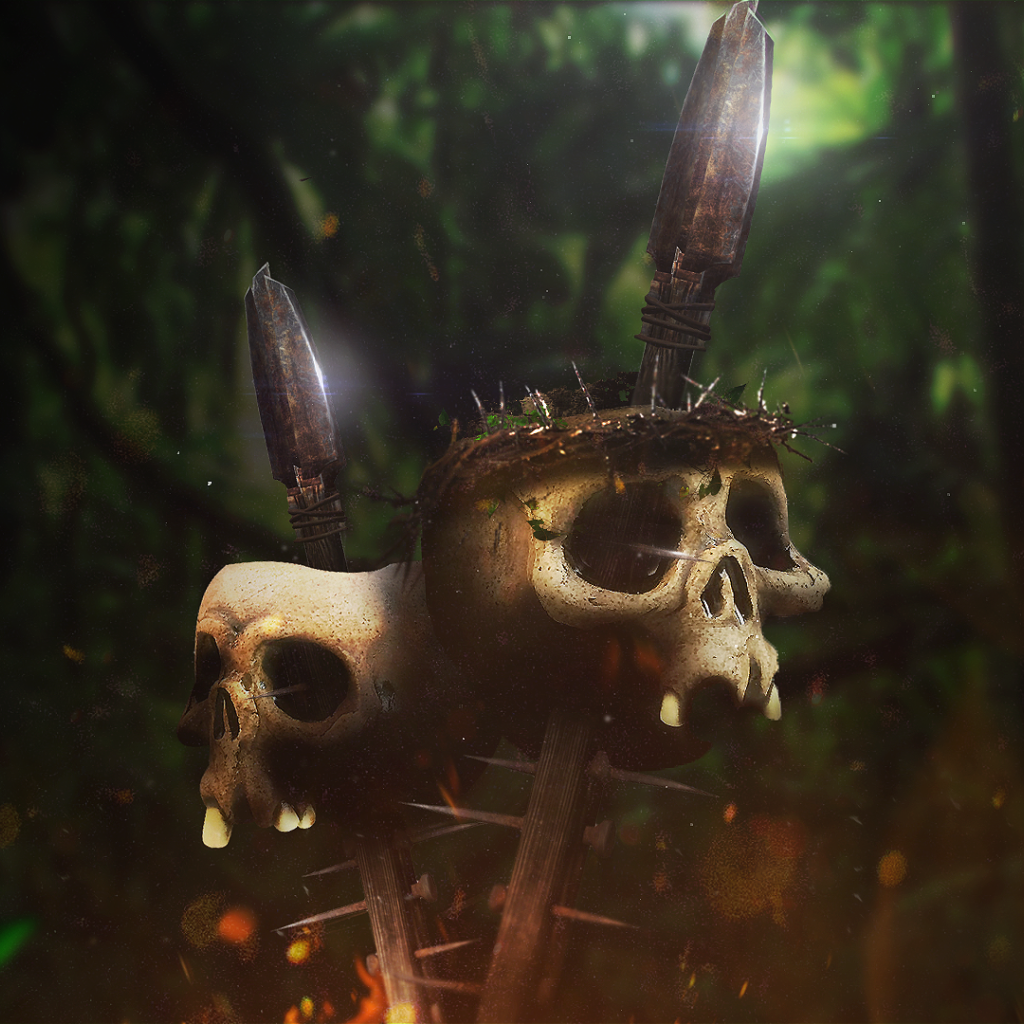 Черепа на копьях в джунглях