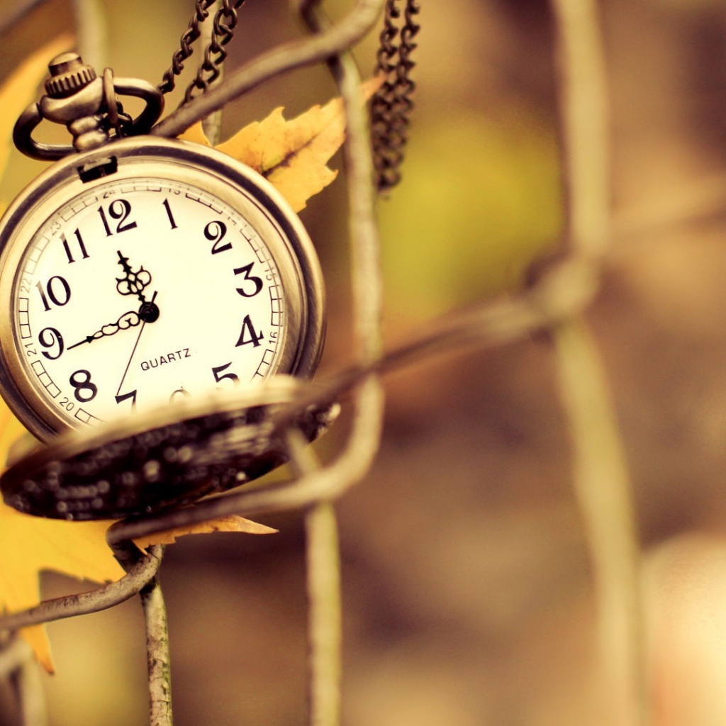 Часы на цепочке и осенний лист