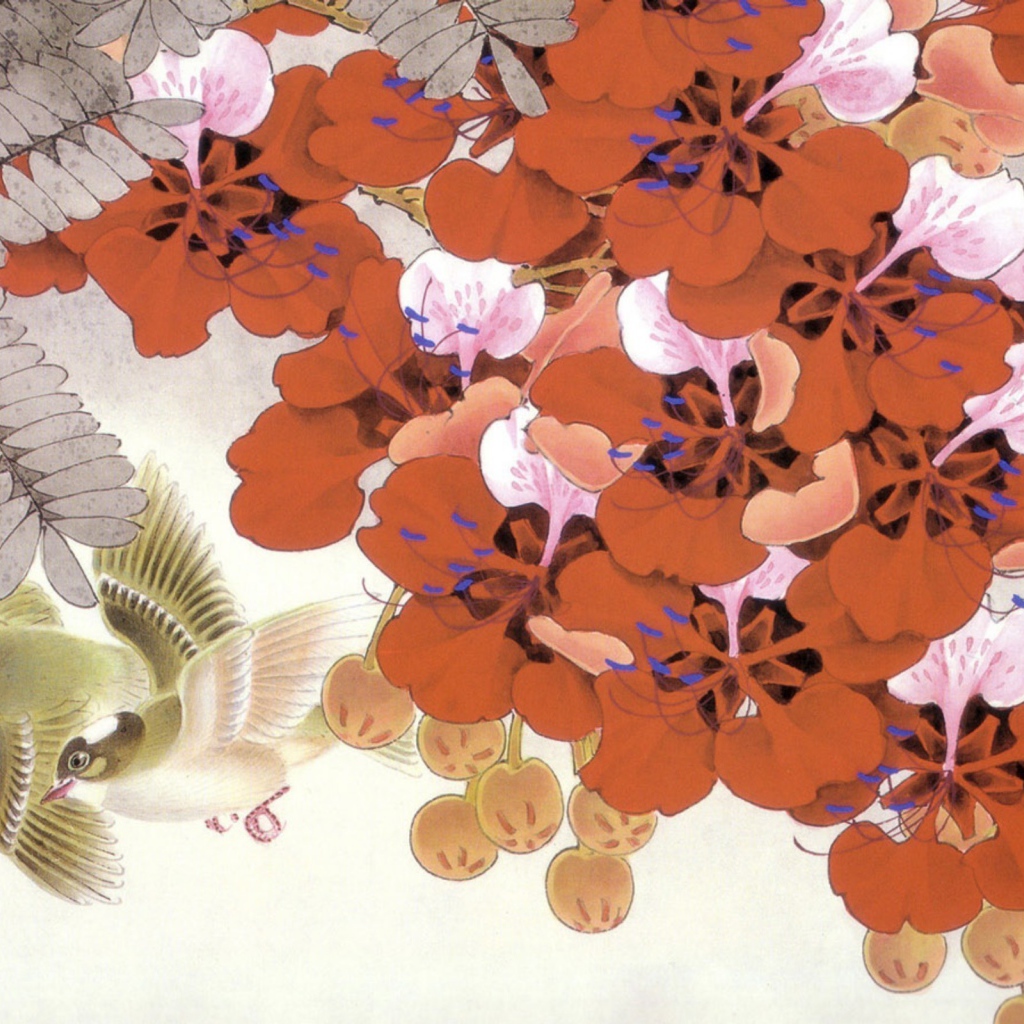 Птицы среди красных цветов, японская живопись