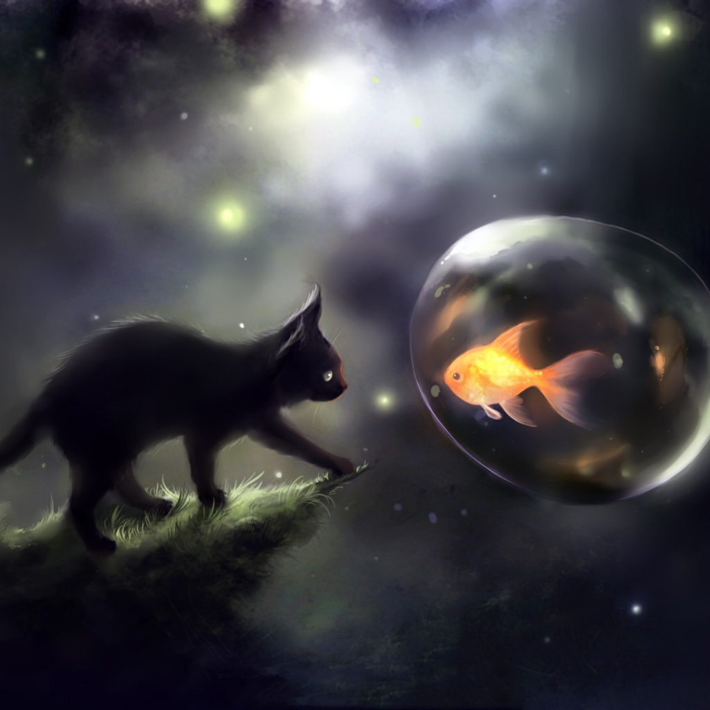 Черный котенок и золотая рыбка, арт