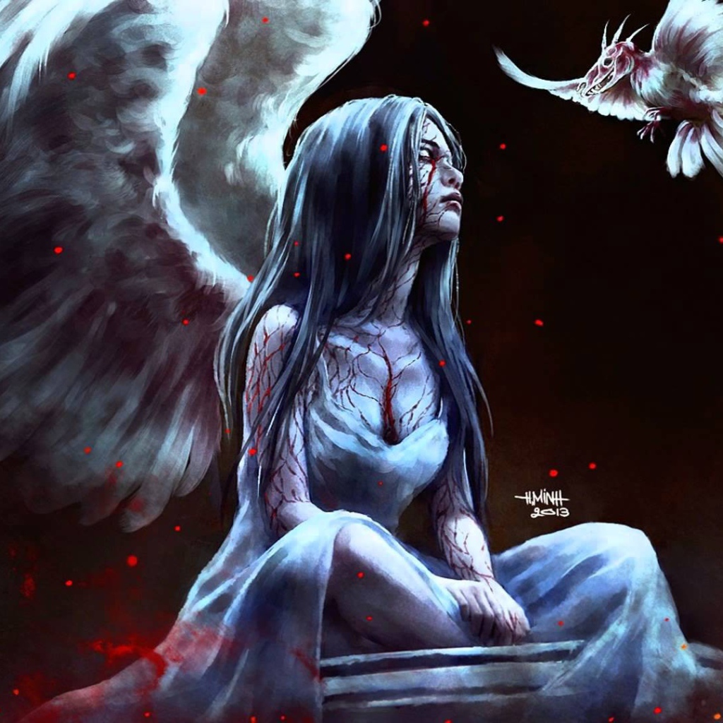 Фентези птица подлетела к девушке, художник NanFe