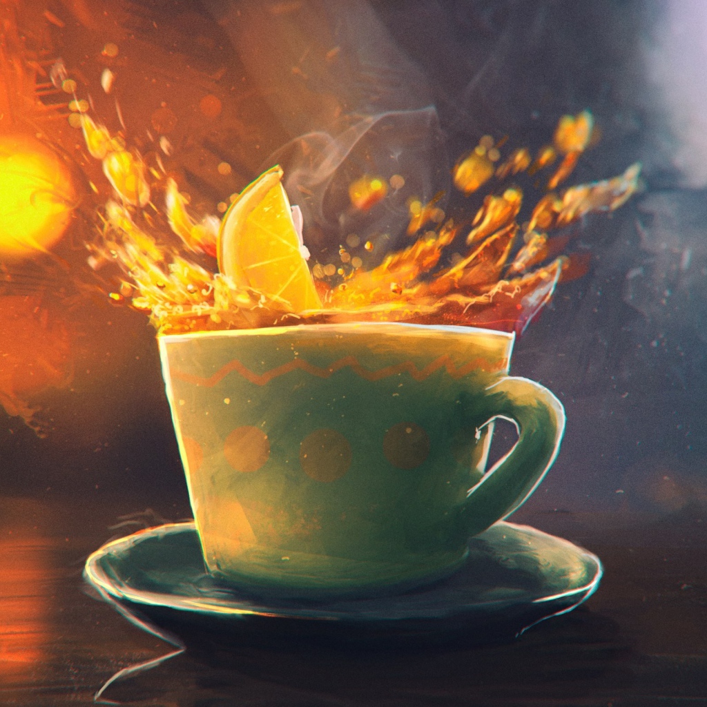 Долька апельсина падает в чашку, рисунок