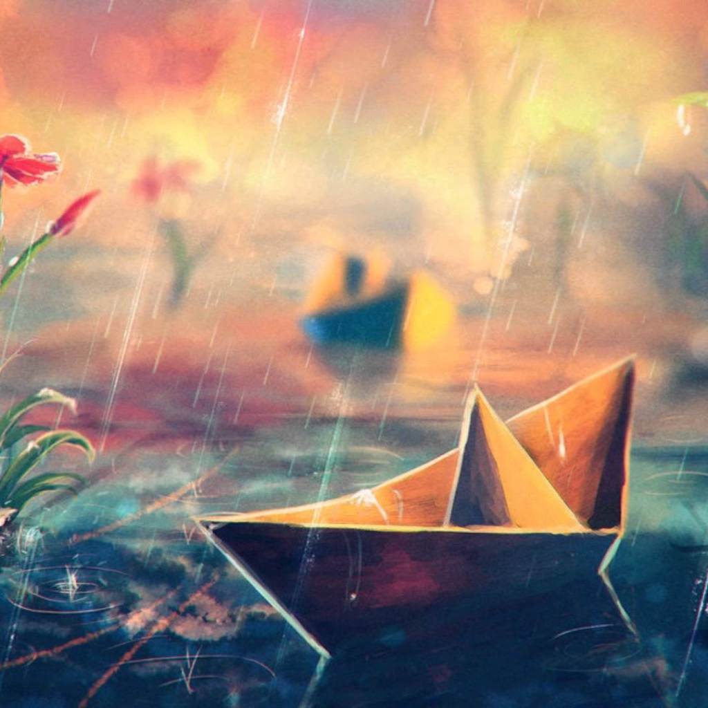 Бумажный кораблик под дождем, рисунок