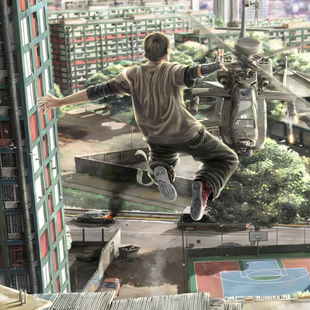 Паркурщик прыгает на вертолет