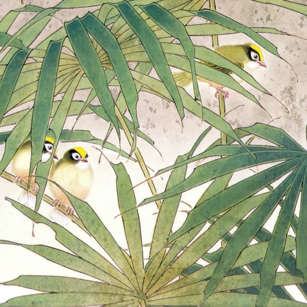 Семья птиц в зарослях, японская живопись