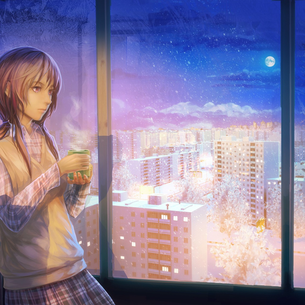 Девушка смотрит на ночной город, работа художника ArseniXC