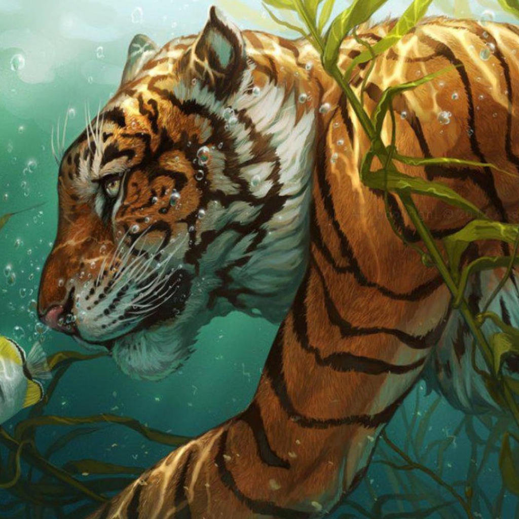 Тигр охотится на рыб