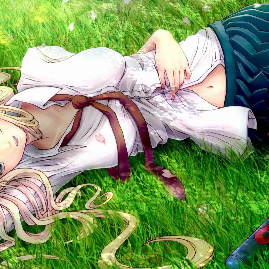 Блондинка лежит на траве, рисунок