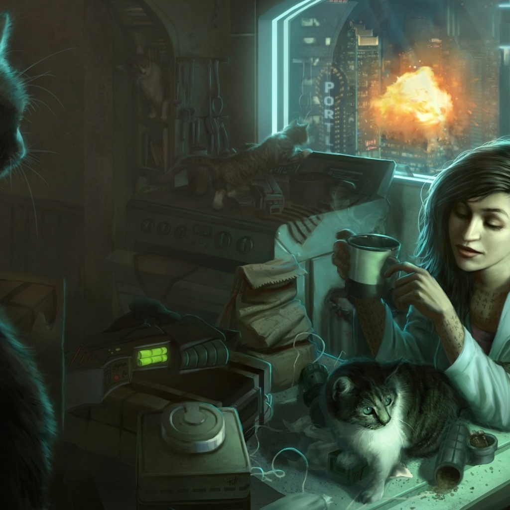 Девушка пьет чай в окружении котов