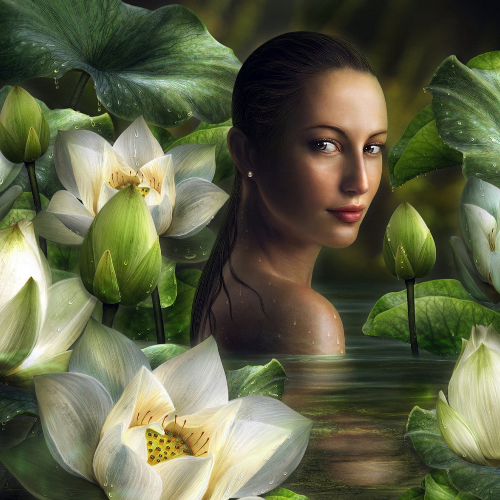 Девушка в воде с лилиями