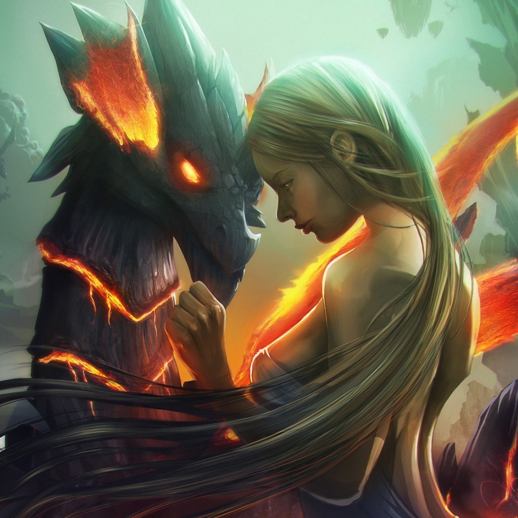 Длинноволосая девушка и дракон