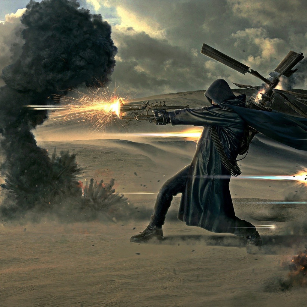 Солдат в черном плаще стреляет из оружия