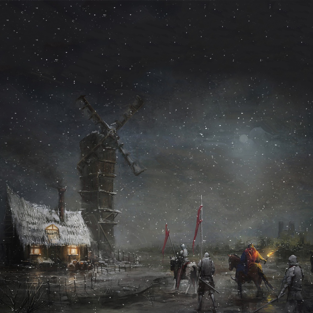 Отряд солдат у ветряной мельницы