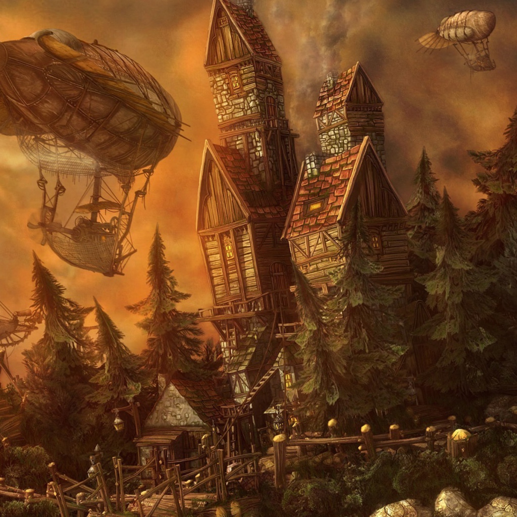 Дирижабли у замка в мире фэнтези