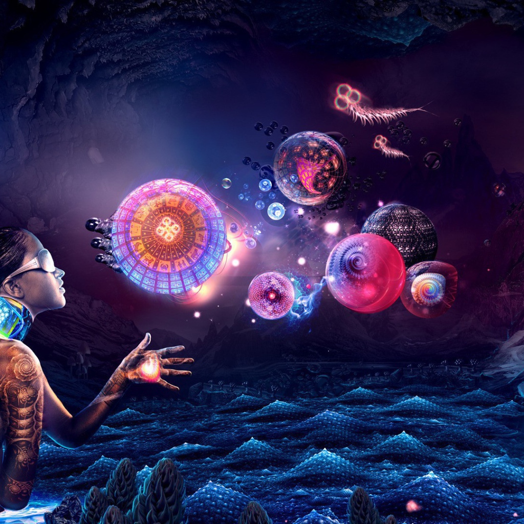 Андроид смотрит на абстрактные сферы