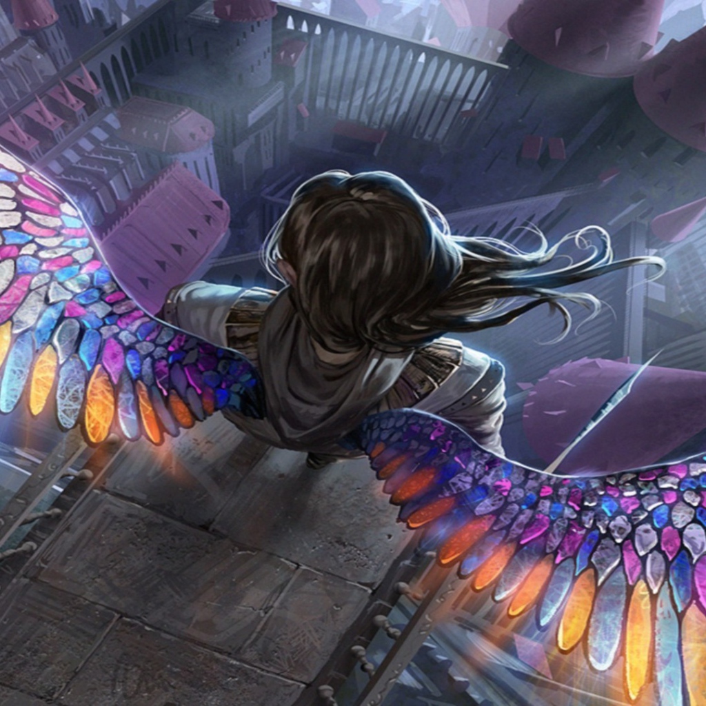 Ангел с радужными крыльями на краю