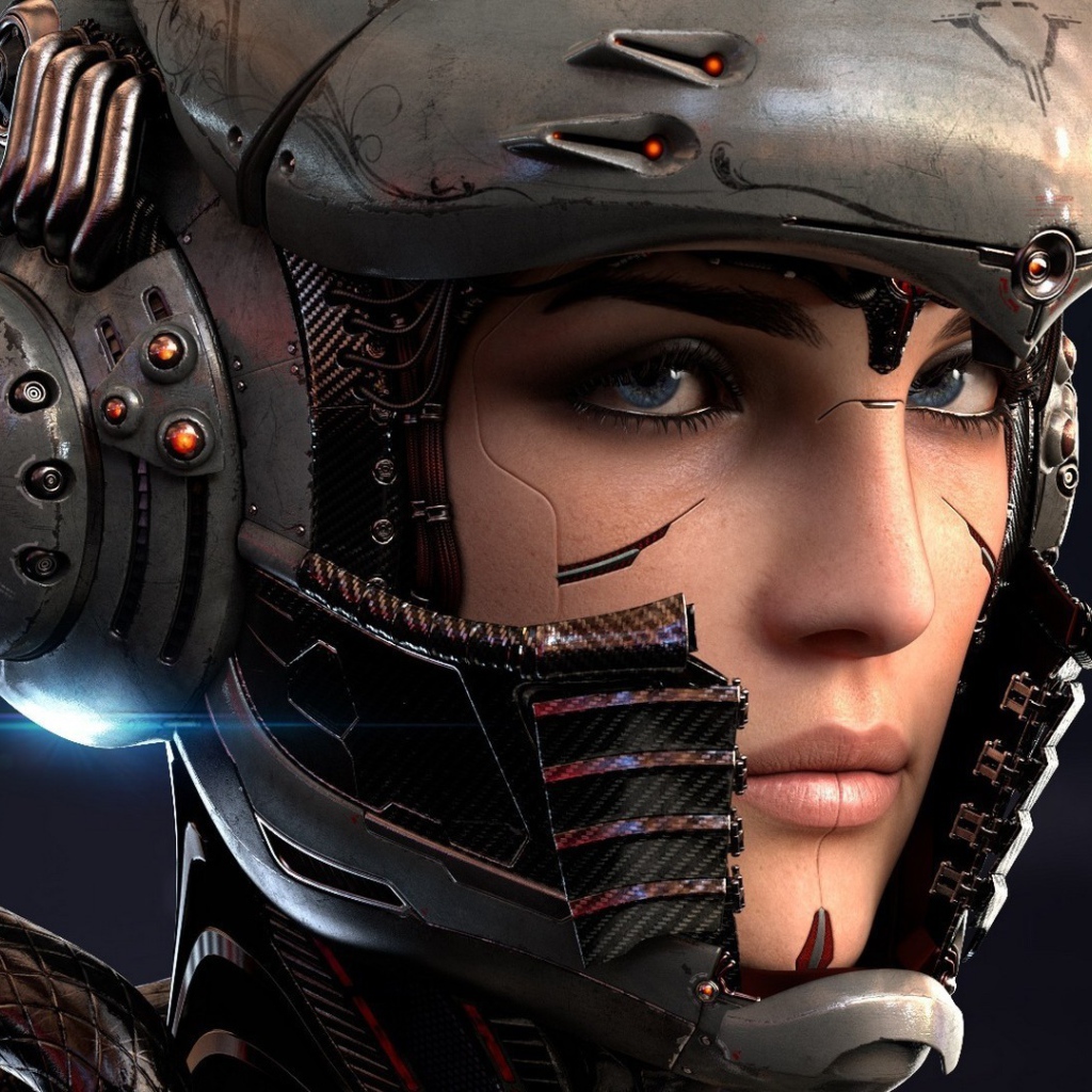 Голубоглазая девушка киборг в шлеме