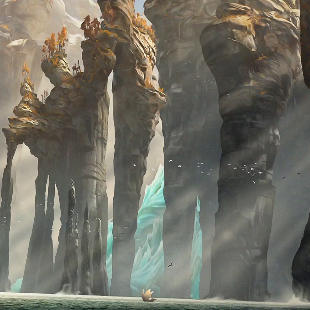 Лодка у подножия каменных столбов