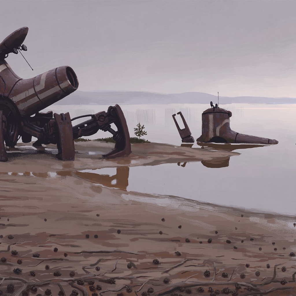 Мальчик возле обломков робота на берегу