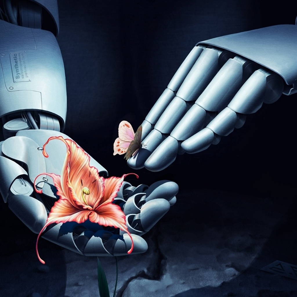 Бабочка и цветок в руках робота