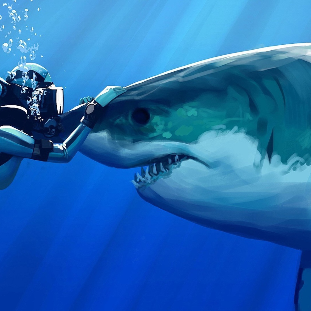 Дайвер гладит акулу