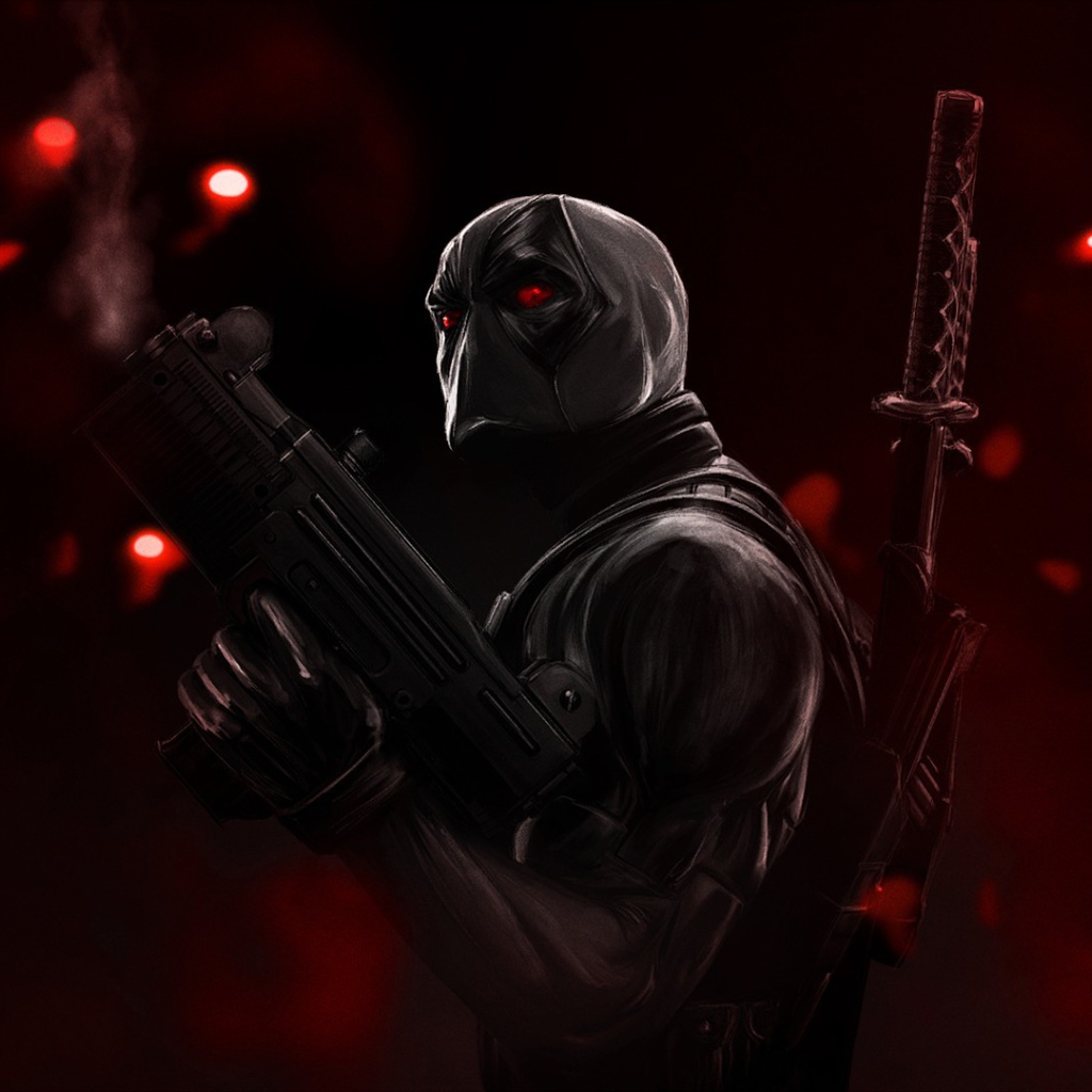 Злой персонаж Дэдпул на красном фоне