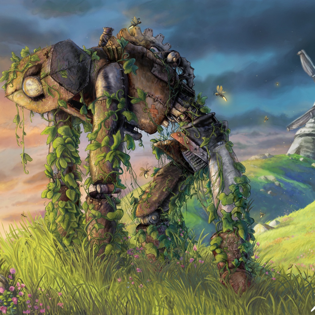 Поросший травой старый робот