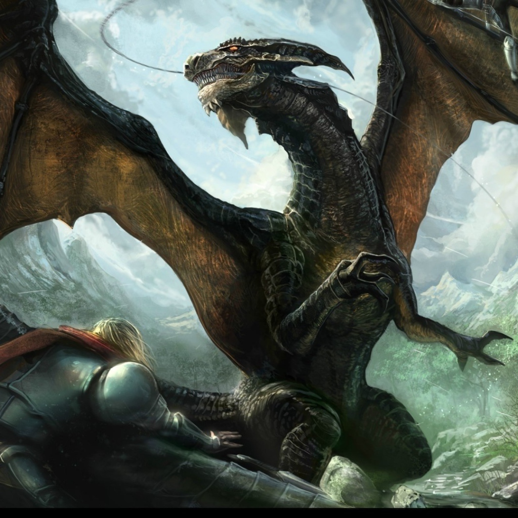 Рыцари в латах ведут бой с драконом