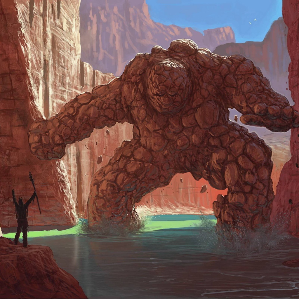 Человек останавливает каменного монстра