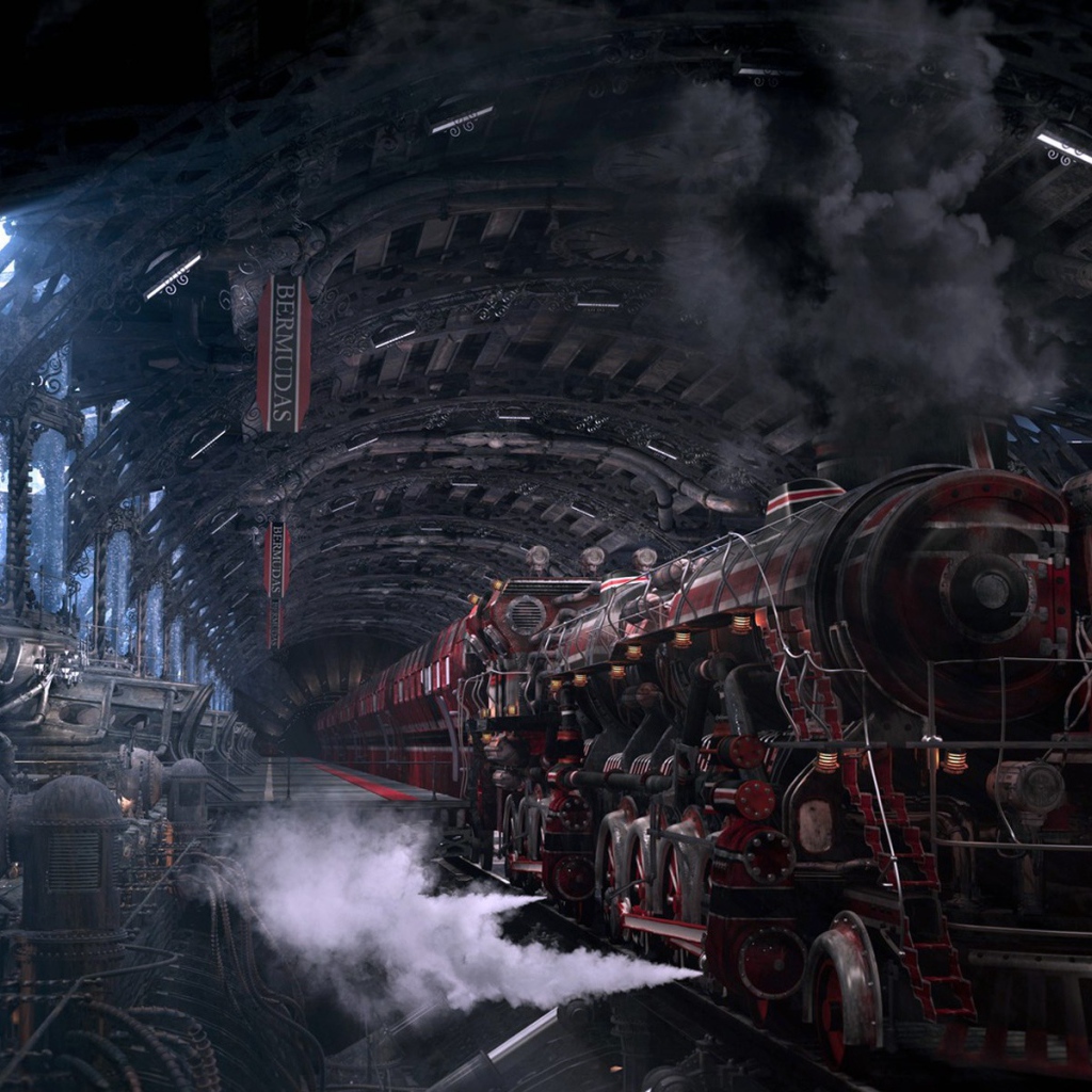 Мощный локомотив на станции, стимпанк