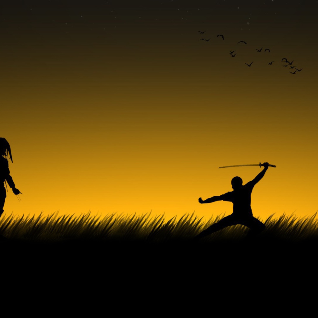 Хищник и Чужой в поле на закате