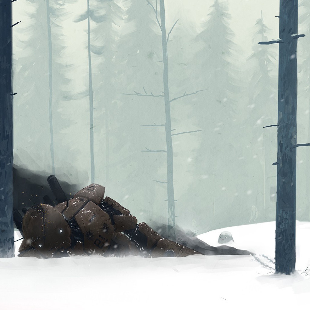 Поверженный робот в зимнем лесу