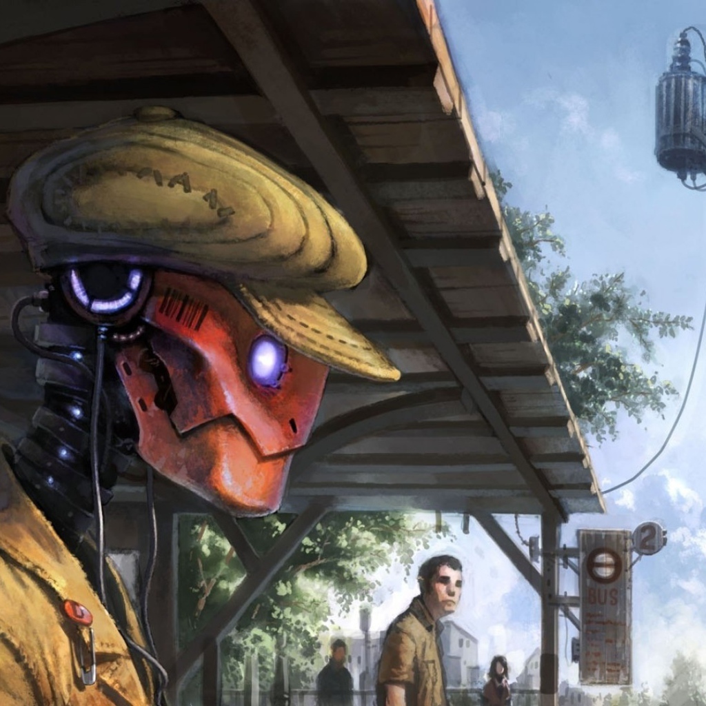 Робот в кепке ждет поезда на платформе