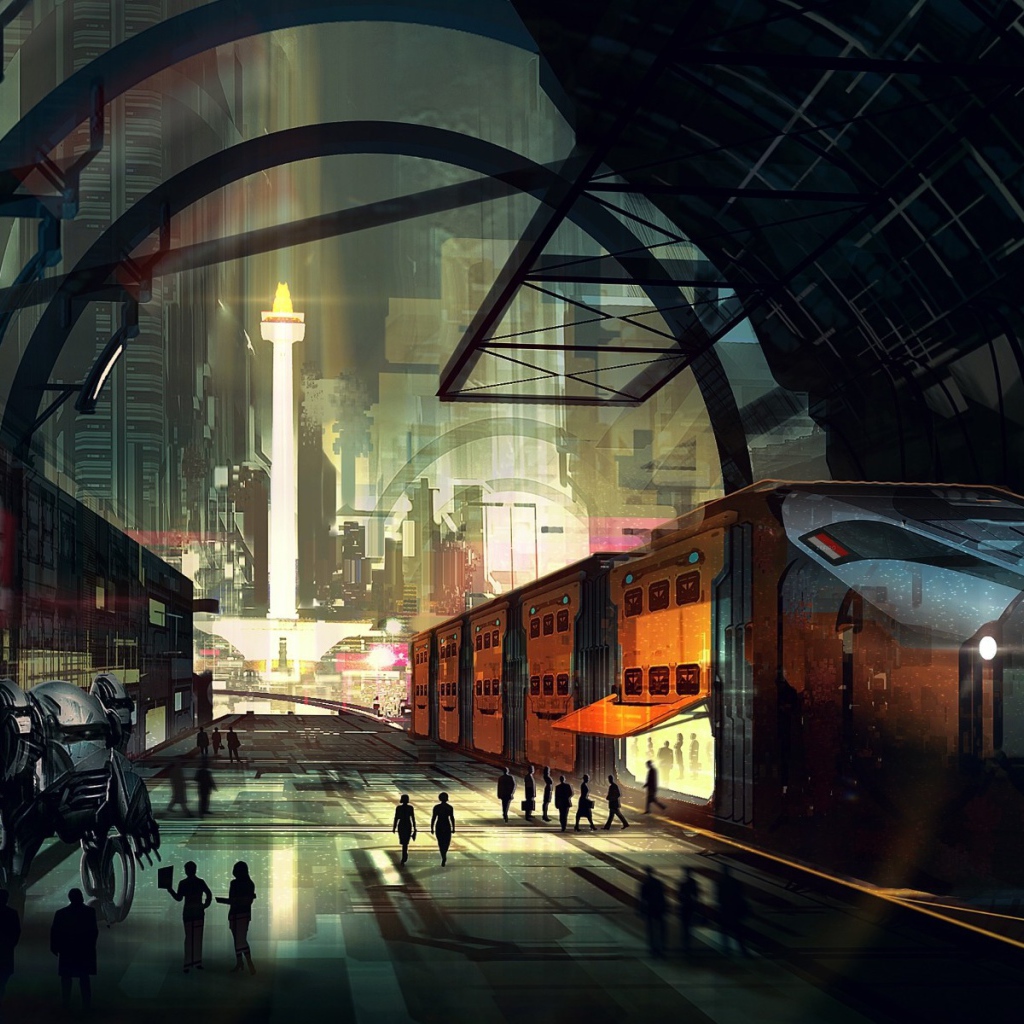 Робот на перроне вокзала в городе будущего